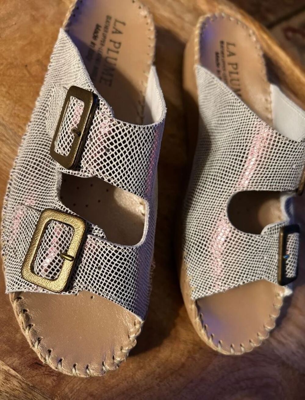 La Plume Jen Womens EU 39 US 8.5-9 METALLIC Leather SANDALS Double BUCKLE Slides